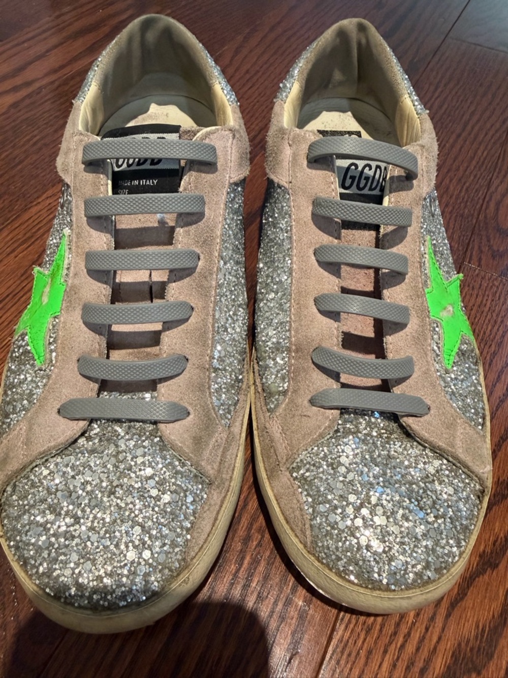 Golden Goose Silver Glitter Sneakers with Neon Green Star - Picture 11 of 11